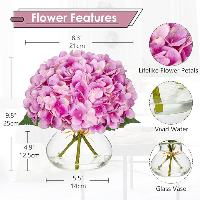 Hollyone Hydrangea Artificial Flowers with Glass Vase Purplish Pink Silk Faux Flowers Arrangements in Vase with Faux Water Fake Floral Bulk Bouquet for Home Decor Table Centerpiece Decorations