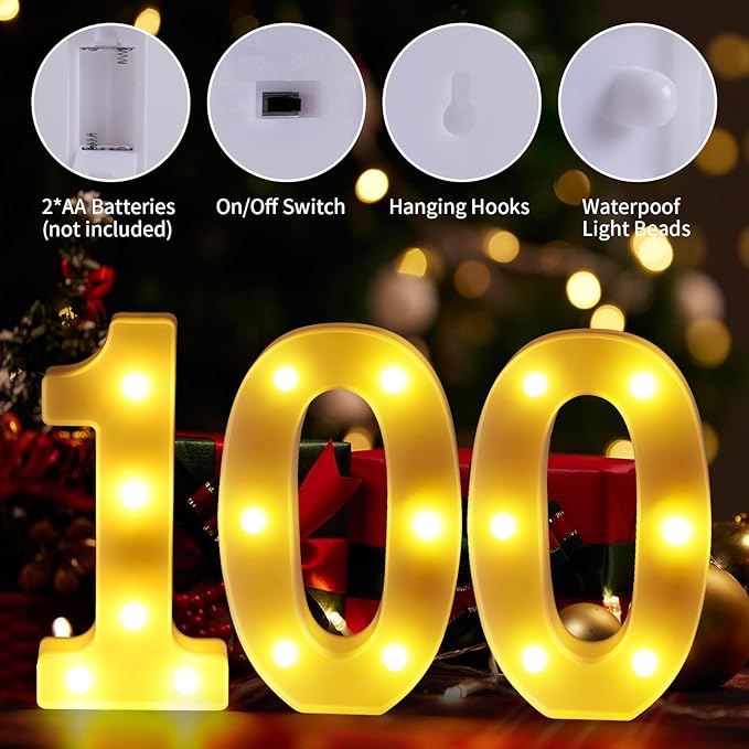 100th Birthday Decorations for Women Men,100 Birthday Decorations for Centerpieces Table,100 Light Up Numbers Sign Led for Party Backdrop Wall Decor for Wedding Anniversary Home