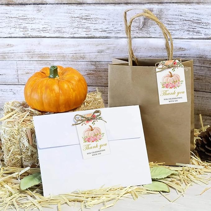 50 Pink Pumpkin Gift Tags - Fall Theme with String, Thank You Tags for Wedding, Birthday, Baby Shower & Party Favors (Two Colors)