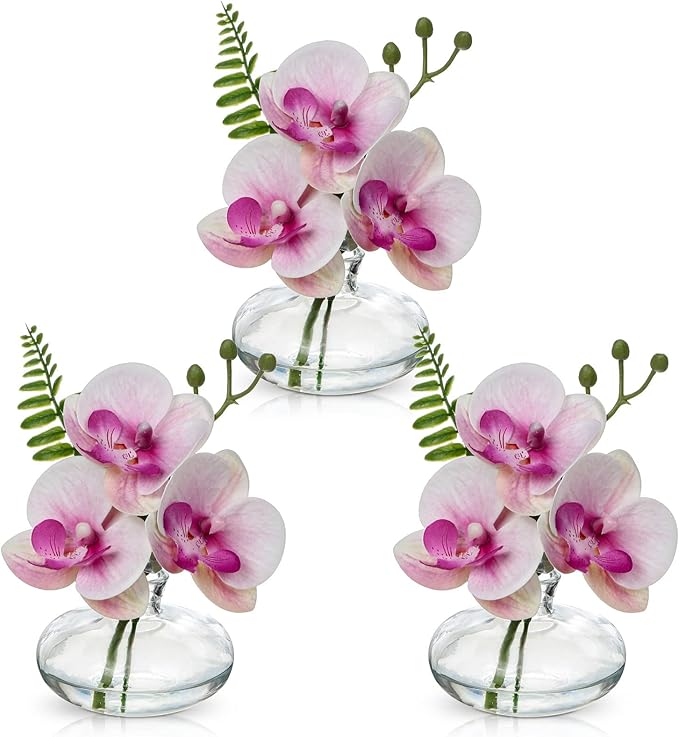 Pink Orchids Artificial Flowers Faux Orchids Arrangement in Clear Glass Vases Set of 3 Real Touch Phalaenopsis Orchid Flowers Small Fake Orchid Centerpiece for Dining Room Table