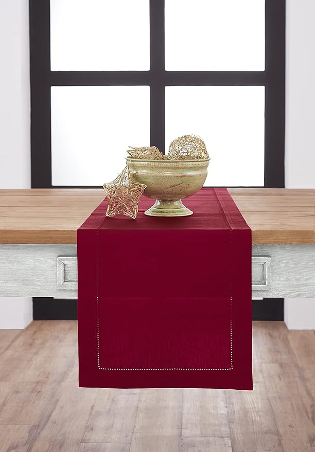 Solino Home Cotton Linen Red Table Runner 72 Inches Long - Hemstitch Table Runner 14 x 72 Inch for Dresser, Dining and Christmas, Holiday