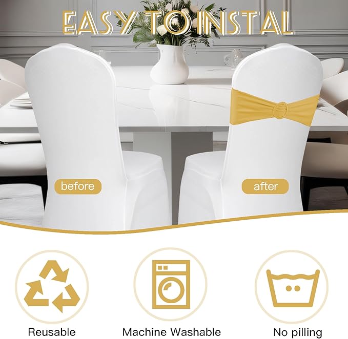 100PCS Spandex Stretch Gold Chair Sashes Bows Universal Elastic Chair Cover Bands Ties with Buckle Slider for Wedding Party Birthday Reception Event Banquet Decoration(Gold)