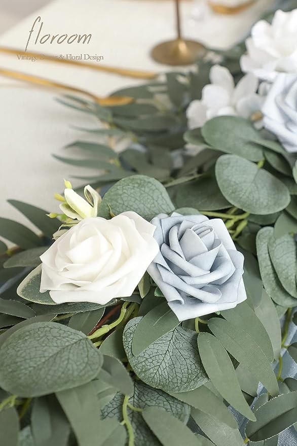 Floroom 6ft Artificial Eucalyptus Garland with Flowers Fake Greenery Faux Floral Vine Garland for Table Decor Wedding Centerpieces Bridal Shower Party Decorations, Dusty Blue