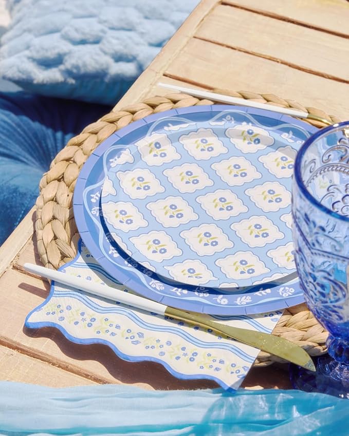 xo, Fetti Blue Coastal Paper Plates | 32 pcs, 2 sizes | Nautical Bachelorette Decorations, Seaside Dinner Party Setting, Beach Birthday Decor, Floral Tablescape