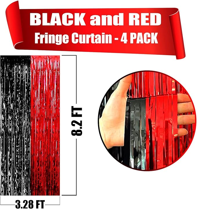4 Pack Foil Fringe Curtain Backdrop, 3.28Ft x 8.2Ft Metallic Tinsel Foil Fringe Streamers for Photo Booth, Wedding, Casino Viva Las Vegas Game Night Birthday Party Decoration (Black Red)