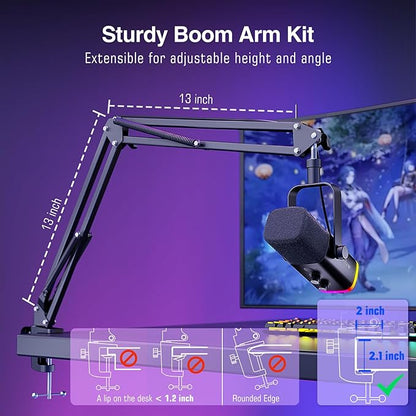 FIFINE XLR/USB Gaming Microphone Set, Dynamic PC Mic for Streaming Podcasting, Computer RGB Mic Kit with Boom Arm Stand, Mute Button, Headphones Jack, for Recording Vocal Voice-Over-AmpliGame AM8T