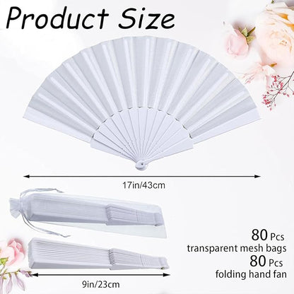 Wenqik 80 Pcs Wedding Folding Hand Fans Bulk Silk Fabric Chinese Handheld Foldable Clack Fans with Plastic Ribs for Party, Wedding Gifts, Line Dancing, Home Decorative (White)