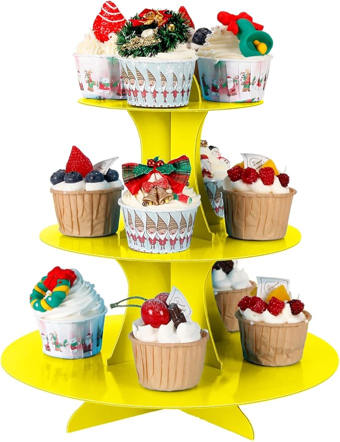 2Pcs 3-Tier Cupcake Stand, Cake Stand holder, Tiered DIY Cupcake Stand Tower for Dessert Table Displays, Birthday Theme Party Favors Decoration, Floral Tea Party, 12" W x 12.8" H, Yellow