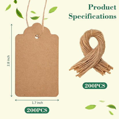 SallyFashion 200pcs Gift Tags with String Attached, 1.7 x 2.8 inch Kraft Paper Hang Handmade Tags for Clothes Birthday Wedding Holiday DIY Crafts (Brown Water Ripple
