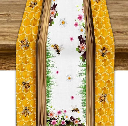 Watercolor Honeycomb Table Runner, Farmhouse Spring Summer Autumn Fall Floral Daisy Bee Print Kitchen Dining Table Decoration for Home Party Decor, 13x90inch