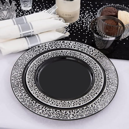 NOCCUR 210PCS Black and Silver Dinnerware Set for 30 Guests - Black Plastic Plates with Silver Rim Include 30 Dinner / 30 Dessert Plates, 30 Prewrapped Silverware, 30 Cups Ideal for Party, Halloween
