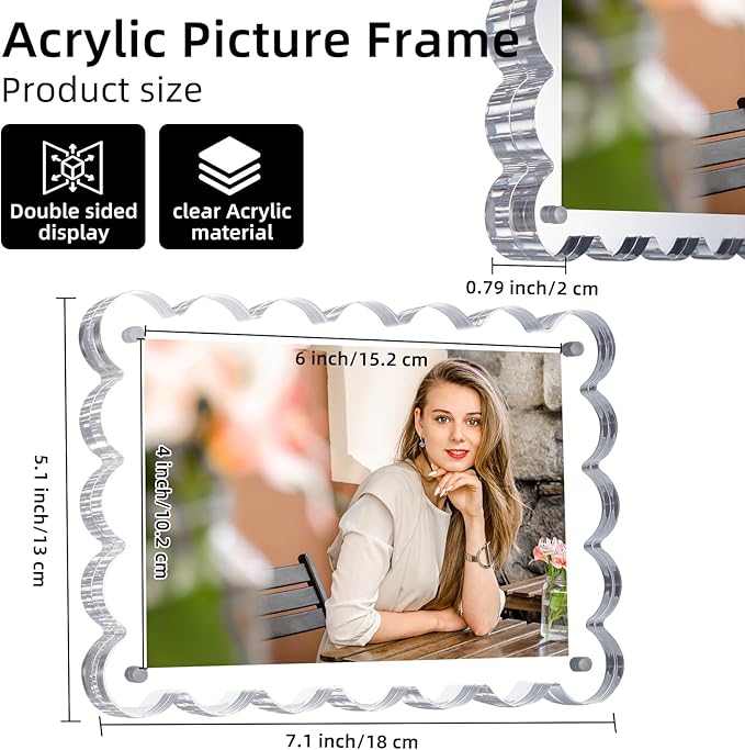 3 Pack Acrylic Picture Frame: 4x6inch Magnetic Picture Frames, Double Sided Magnet Frames,10+10mm Thick Block, Clear Photo Scalloped Frames Freestanding for Desktop Display (Clear, 4X6)