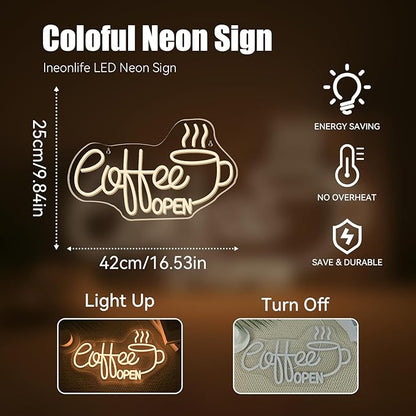 Ineonlife Coffee Open Neon Sign Light Up for Wall Decor Modern Led Sign for coffee bar Small Acrylic Art Decor for cafe business restaurant club party man cave Decorations 16.53x9.84 inch USB POWER