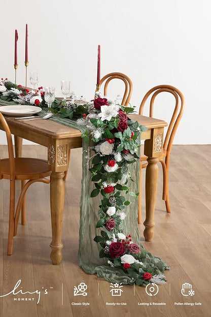 Ling's moment Eucalyptus Garland with Flowers 6FT，Table Runner with Flowers Marsala Mantle Decor Handcrafted Wedding Centerpieces for Rehearsal Dinner Bridal Shower | Red & White