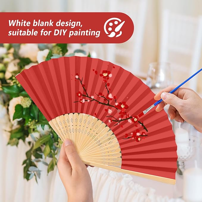 50Set Wedding Hand Fans Party Favors Red Paper Folding Handheld Fans Bulk, DIY Bamboo Fans with Thank Tag Organza Bag for Guests Bridal Dancing Props Church Decoation