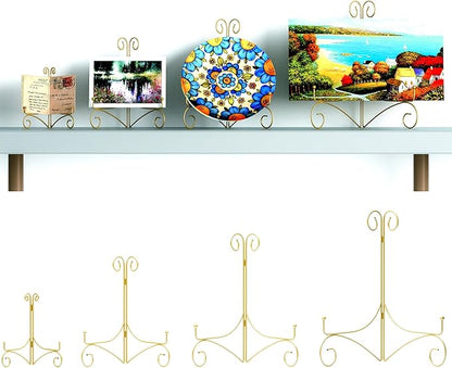 Plate Display Stands with Hinged Folding Design, 8 Inch Picture Frame Stand for Tables, Decorative Easels for Plates, Photos, Cards and Books, 8’’ Gold, 2-Pack