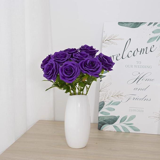 Artificial Rose 10pcs Open Flower Bouquet Faux Rose Stems for Wedding Arrangement, Bridal Bouquet, Centerpiece, Fake Faux Silk Flowers (Purple)