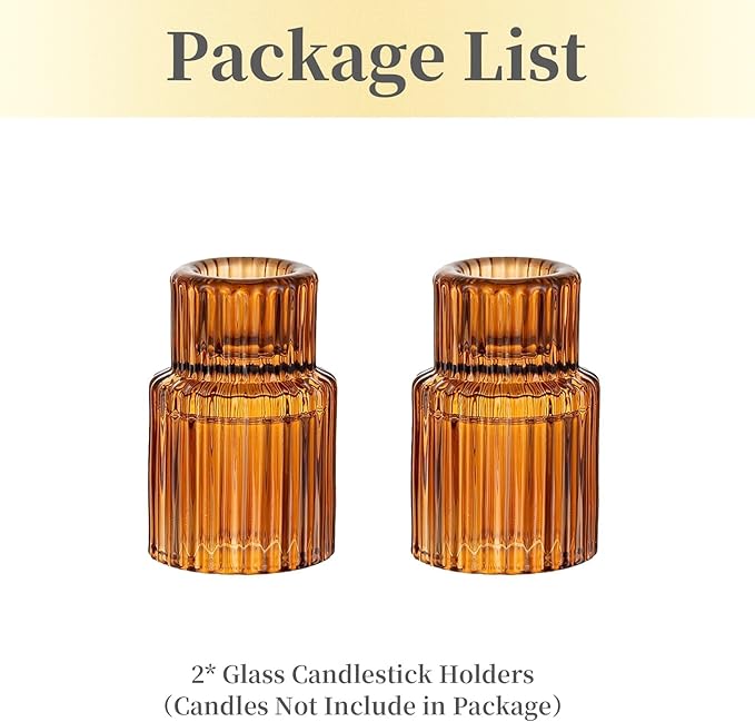 Hewory Glass Taper Candle Holders: 2PCS Amber Elegant Candle Holder Candlestick Holders Bulk, Ribbed Glass Candle Holder Candle Sticks Holder Decor for Table Centerpiece Fall Thanksgiving Home Decor