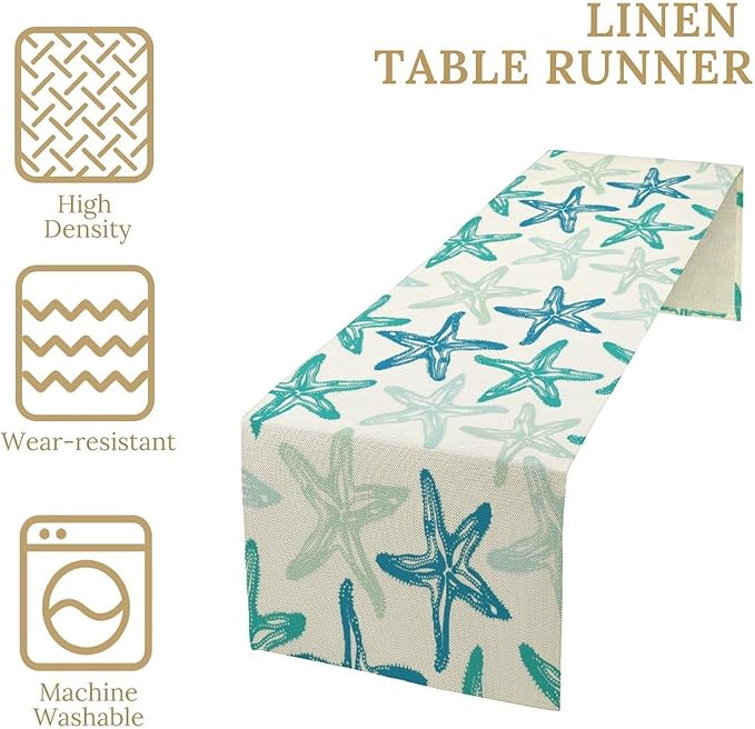 Starfish Plaid Table Flag Green Plaid and Marine Life Starfish Kitchen Table Flag Suitable for Birthday Party Restaurant Decoration Outdoor Picnic 13 * 70 Inch