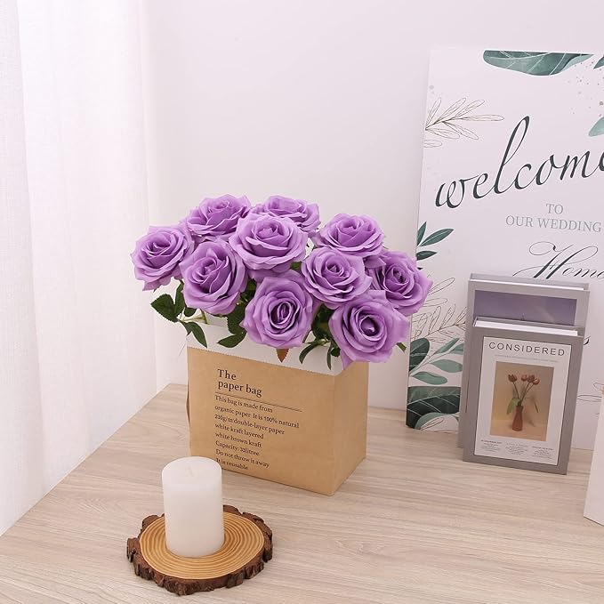 Artificial Rose 10pcs Open Flower Bouquet Faux Rose Stems for Wedding Arrangement, Bridal Bouquet, Centerpiece, Fake Faux Silk Flowers (Lilac)
