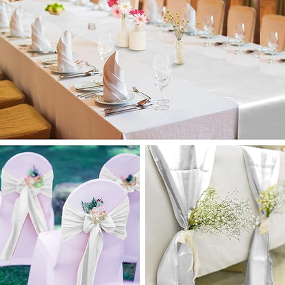 Aneco 12 Pack Satin Table Runner 12 x 108 Inch White Long Wedding Satin Silk Table Runner for Wedding Banquet Graduations Birthday Party Decoration