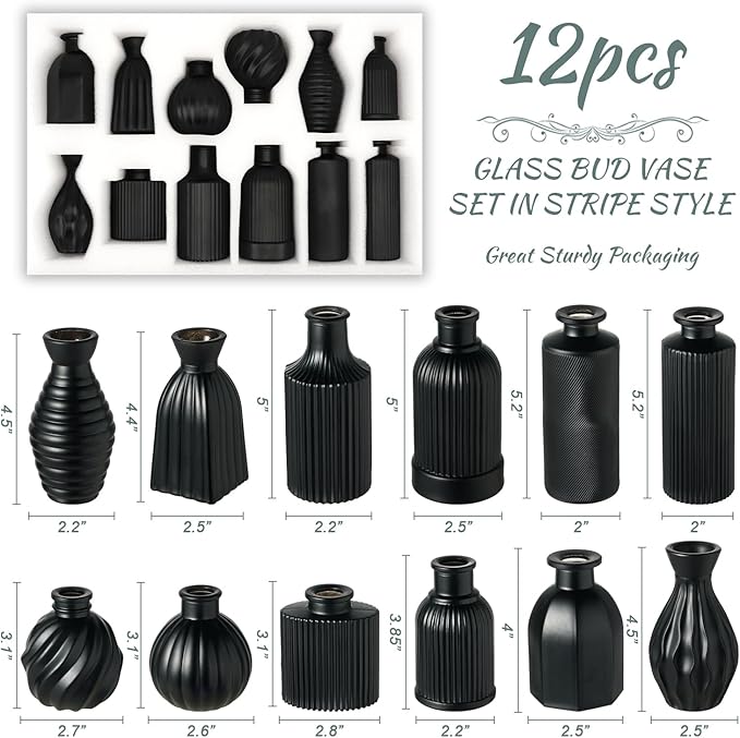 Black Vase, Bud Vases Set of 12, Small Glass Vase for Decor Centerpieces, Matte Ribbed Modern Vintage Flower Vases for Wedding Party Table Decoration Home Decor in Bulk