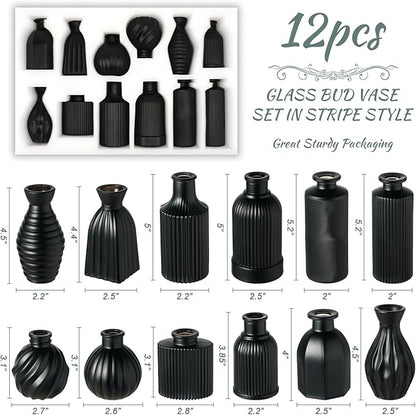 Black Vase, Bud Vases Set of 12, Small Glass Vase for Decor Centerpieces, Matte Ribbed Modern Vintage Flower Vases for Wedding Party Table Decoration Home Decor in Bulk
