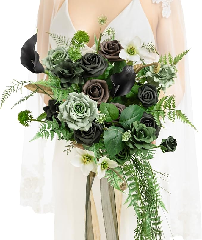 Ling's moment Forest Green Bridal Bouquet Cascading, Emerald Green Wedding Bouquets for Bride, 13 Inch Bride Bouquets for Wedding Artificial Flowers Bouquets