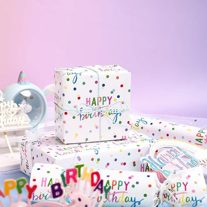 LeZakaa Birthday Wrapping Paper Roll, Happy Birthday Lettering & Colored Polka Dots Design in White for Holiday, Party, Baby Shower, 17 inches x 32.8 Feet (46.45 sq.ft.)