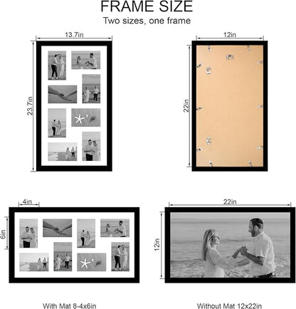 12x22 Picture Frame Set of 2, Black with Glass Collage Frame, Display Eight Opening 4x6 Photos With Mat or 12 x 22 Newspaper Without Mat - Horizontal or Vertical Wall Mounting