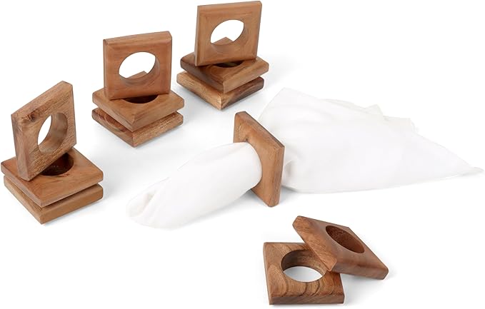 Wooden Napkin Rings Set of 12 Fall Decor for Home Square Acacia Wood Napkin Holders for Dining Table Settings Napkin Ring Rustic Table Décor for Weddings, Parties, Everyday Use (Brown) - CLEENTABLE