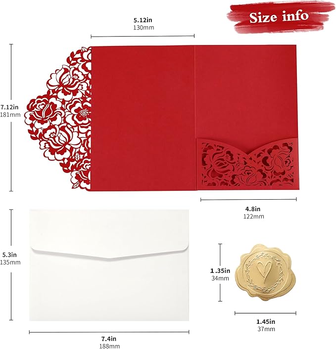 DORIS HOME 50pcs Laser Cut Quinceanera Invitation Pockets with Envelopes Red, 5.12" x 7.12"Invitation Cards for Birthday, Miss 15, Sweet 16 (No Inserts Included)