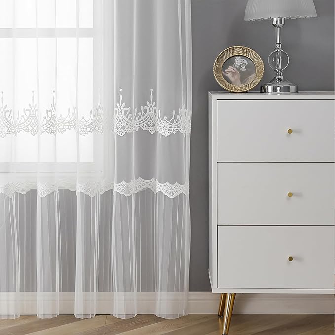 VISIONTEX White Sheer Voile Curtains, Decorative White Embossed European Rod Pocket Window Drapes for Home Kitchen, Living Room and Bedroom 54 x 63 Inch, Set of 2 Curtain Panels