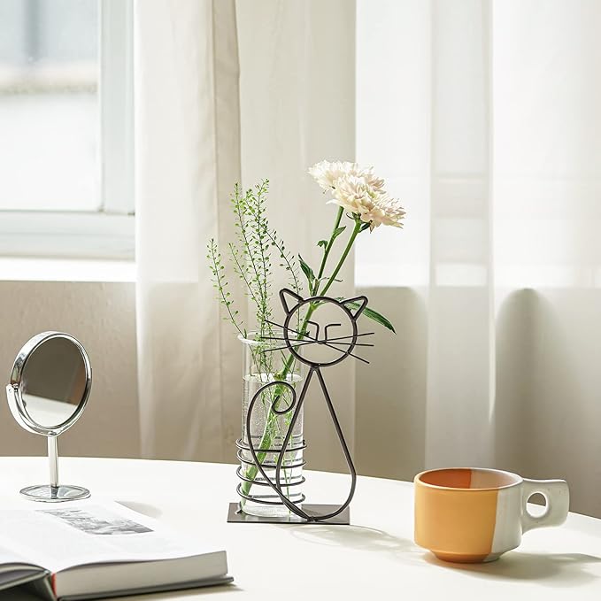 Marbrasse Desktop Glass Planter Hydroponics Vase,Planter Bulb Vase with Holder for Home Decoration,Modern Creative Cat Plant Terrarium Stand, Scindapsus Container (Lovely Cat)