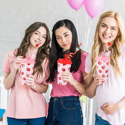 Yungyan 24 Sets Strawberry Party Favors Goodie Cups with Lids and Straws for Birthday Decorations Reusable 16oz Plastic Candy Cups Plastic Straws for Birthday Party (Strawberry)