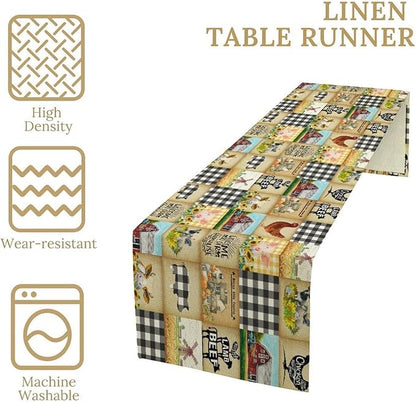 Farmhouse Animals Table Runner,Rustic Cabin Pig Chicken Cow Sunflowers Geometric Grids Burlap for Hotel Indoors Outdoor Dining Room Kitchen Holiday Party, 13x80in