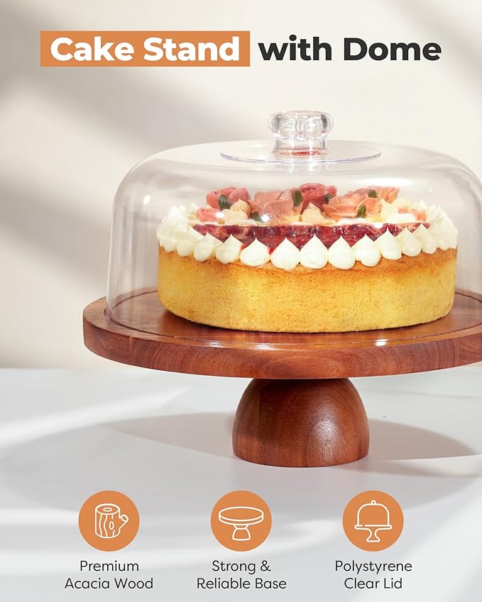 Kootek Wood Cake Stand with Lid, 2-in-1 Wooden Cake Plate & Covered Charcuterie Board, Footed Cake Container Dessert Display Holder with Dome Cover for Weddings, Parties, Bakeries (12 Inch)