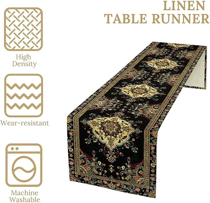 Colorful Boho Flower Table Runner, Vintage Rustic Farmhouse Paisley Hand Drawing Print Pattern for Home Kitchen Table Decor Dining Coffee Room Garden Party Decor 13x120in