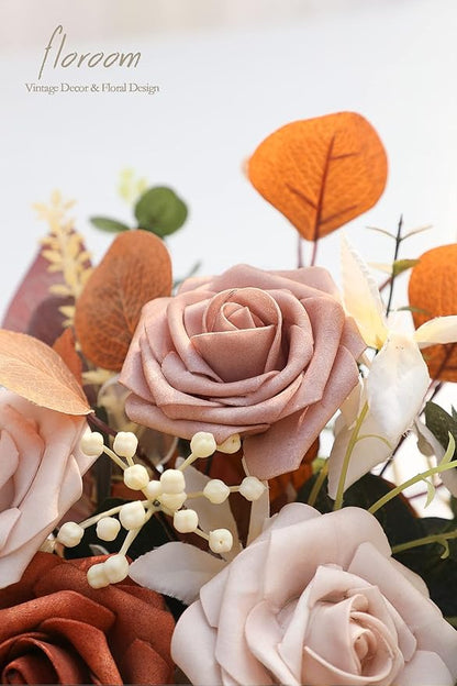 Floroom Artificial Flowers 25pcs Real Looking Burnt Orange Ombre Colors Foam Fake Roses with Stems for DIY Wedding Bouquets Bridal Shower Floral Centerpieces Party Tables Home Decorations