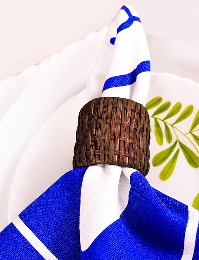 Woven Napkin Rings Set of 12, Handmade Cane Fall Napkin Rings Holders, Natural Napkin Buckles Holder Bulk for Farmhouse Wedding Thanksgiving Xmas Easter Table Décor (Brown) - CLEENTABLE
