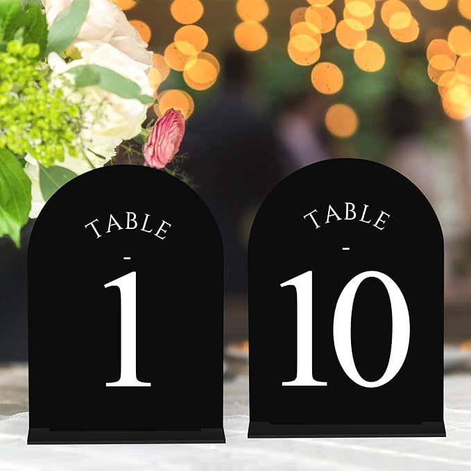 JOYIT Arch Wedding Table Numbers 1-10 with Stands – Double-Sided Printed 5" X 7" Acrylic Signs with Black Background and White Text, Perfect for Wedding Receptions, Parties, Anniversaries, and Events