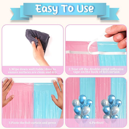 2 Pack Pastel Blue and Pink Foil Fringe Backdrop Curtains, Tinsel Streamers Party Decorations, Fringe Backdrop for Gender Reavel, Baby Shower Party