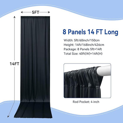40×14ft Wrinkle Free Black Backdrop Curtain for Wedding Parties,8 Panels 5×14ft Height Soft Silky Polyester Photo Backdrop Drapes for Birthday Graduation Photography Stage Event Background Cloth