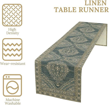Boho Floral Vintage Table Runner, Blue Teal Retro Flower Rustic Country Farmhouse Pattern for Home Kitchen Table Decor Dining Coffee Room Party Decor 13x60in