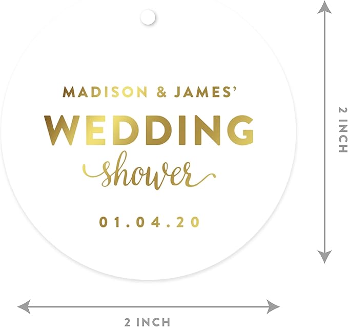 Andaz Press Personalized Round Circle Wedding Gift Tags, Metallic Gold Ink, Wedding Shower, 24-Pack, Custom Made Any Name