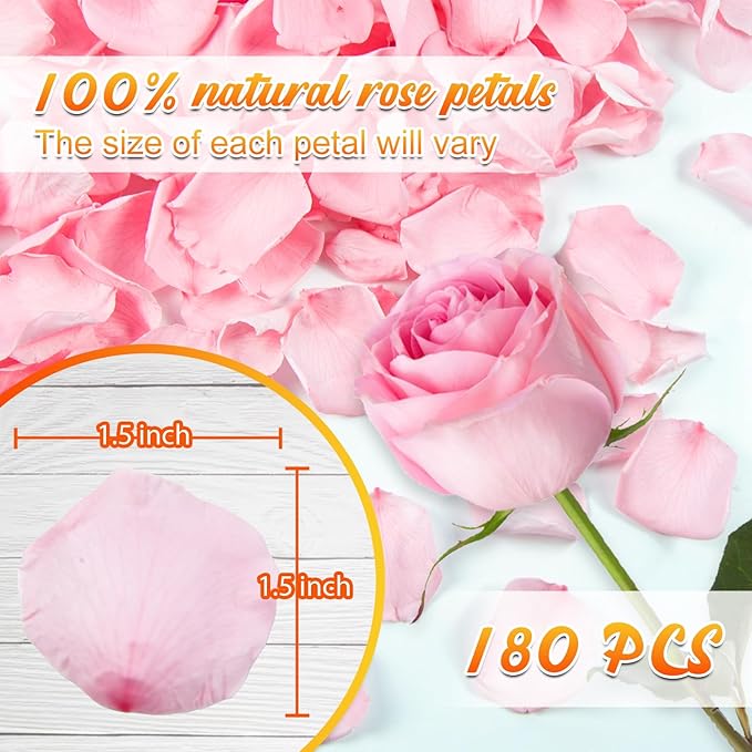 180 PCS Real Pink Dried Rose Petals Confetti for Wedding, 1.75oz Freeze Rose Petals for Romantic Pink Wedding Valentine's Day Proposal Decor, Dinner Centerpieces Party
