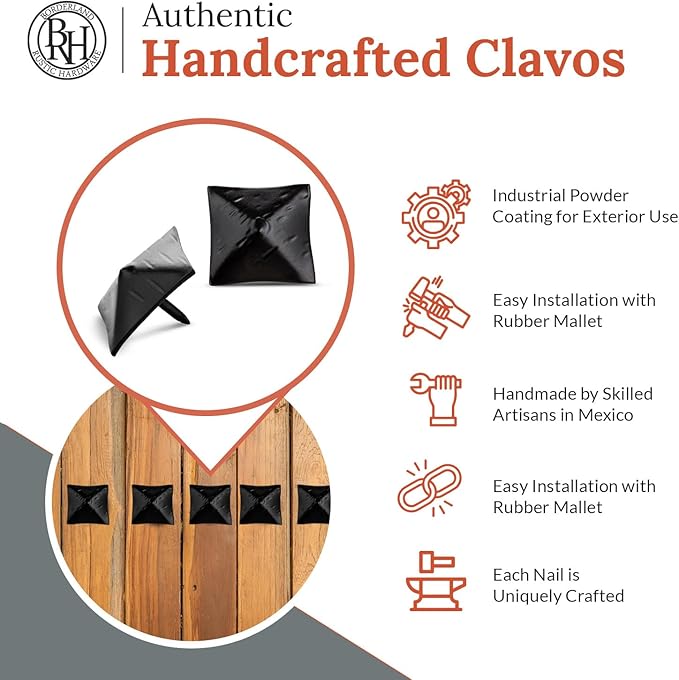 100 Pack 1.25" Square Head Iron Clavos Decorative Nails – Black – Handmade Rustic Square Fasteners for Farmhouse Shutters, Faux Wood Beams, Barn Doors, Shutters, and Gates – Ornamental Wood Accent
