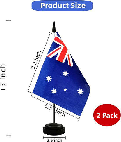 2 Pack Australia Desk Flag, Australian Table Office Flag with Solid Pole and Stand Base, International Country Flag, Festival Celebration, Classroom Meeting Desktop Decoration (Australia)