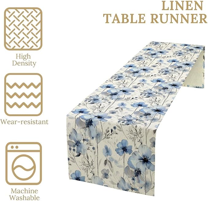 Watercolor Floral Table Runner, Blue Poppy Flower Seasonal Spring Summer Table Runner for Kitchen Dinning Table Runner Decor Home Wedding Party Holiday, 13x36 Inch