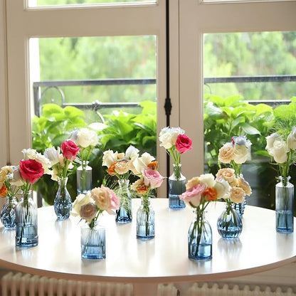 Bud Vases Set of 12, Gradient Blue Glass Vase Vintage Flower Vase for Decor Ribbed Small Bud Vases in Bulk Cute Wedding Birthday Party Centerpieces Table Decoration Home Decor